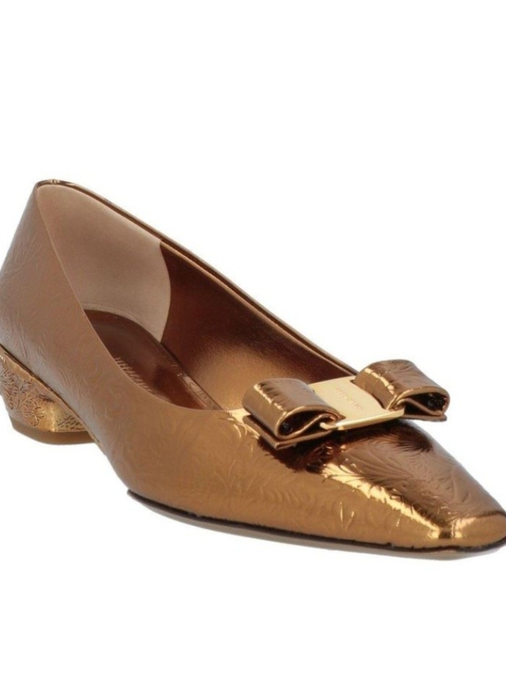 Salvatore Ferragamo Women's Gold Floral Embossed Leather Bow Flats Size 9.5